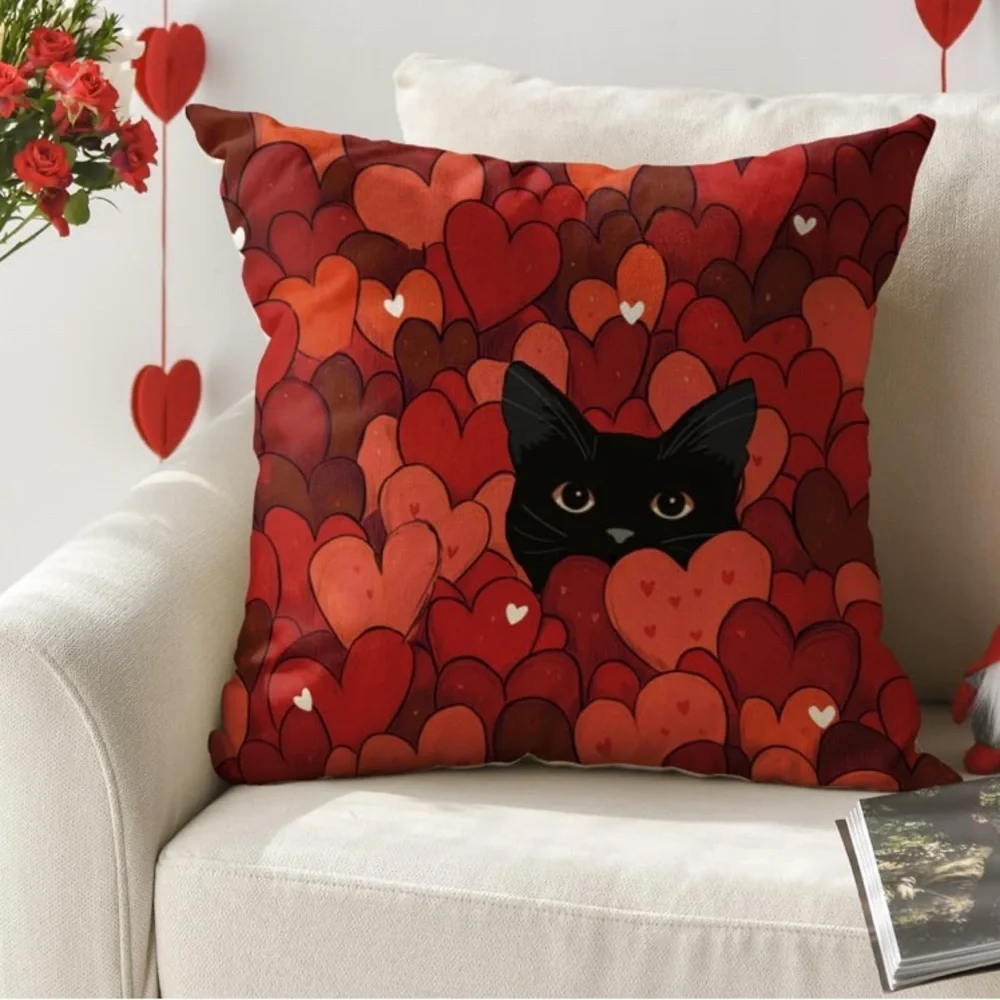 NEW Valentine's Day Red Hearts w/ Black Cat Pillow Cover - 18”x18” - Poly Burlap
